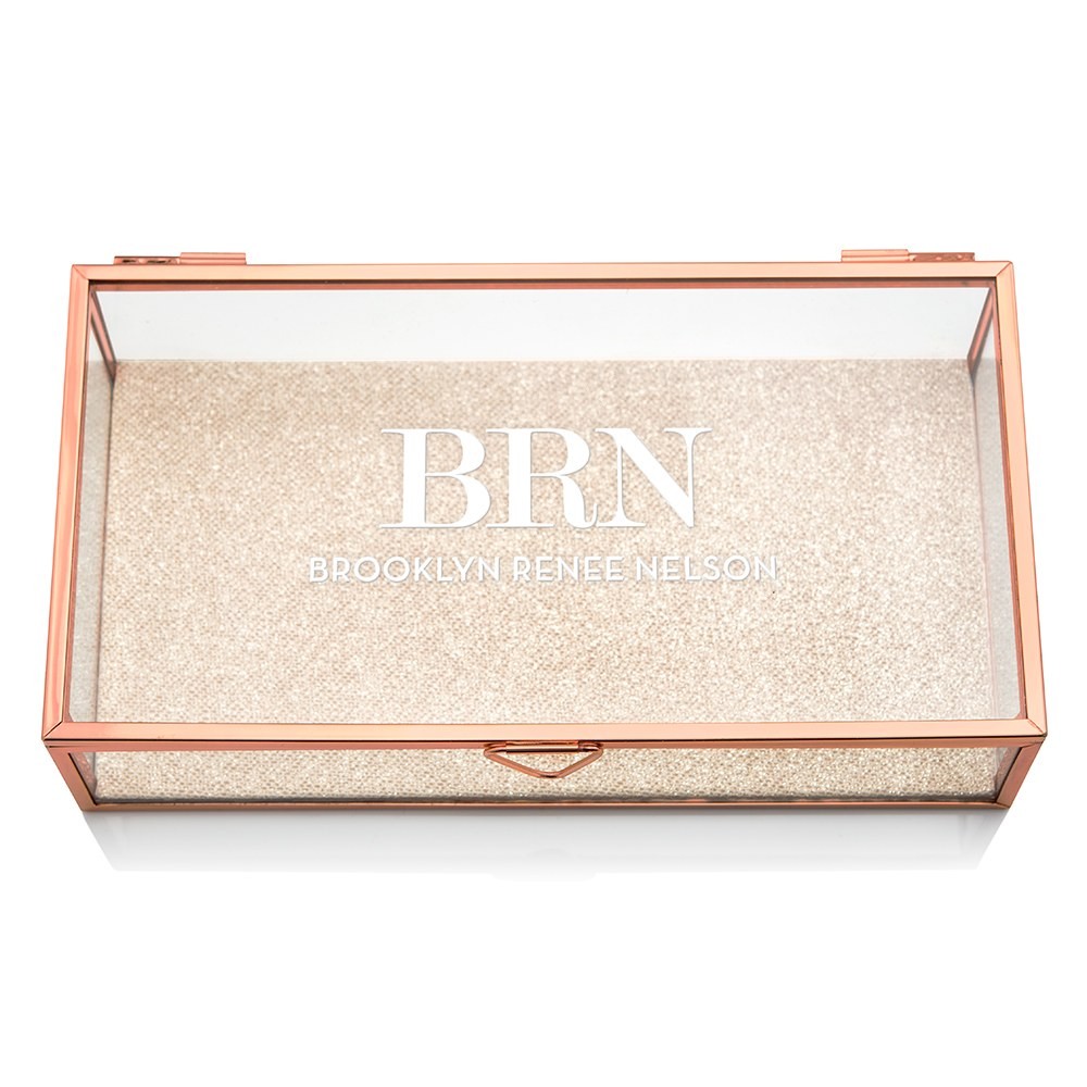 Personalized Glass Jewelry Box With Rose Gold Modern Serif Initials