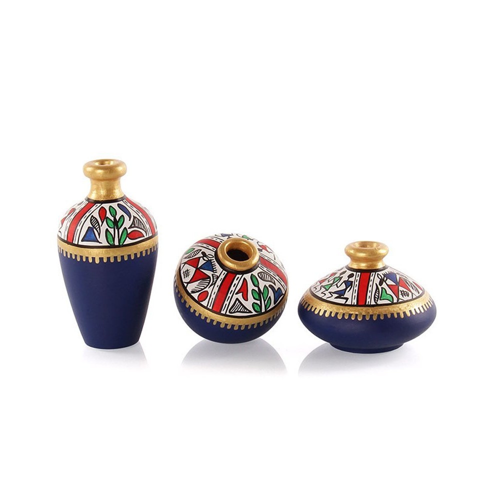Handpainted Earthen Vases Terracotta Warli Painting Set Of 3