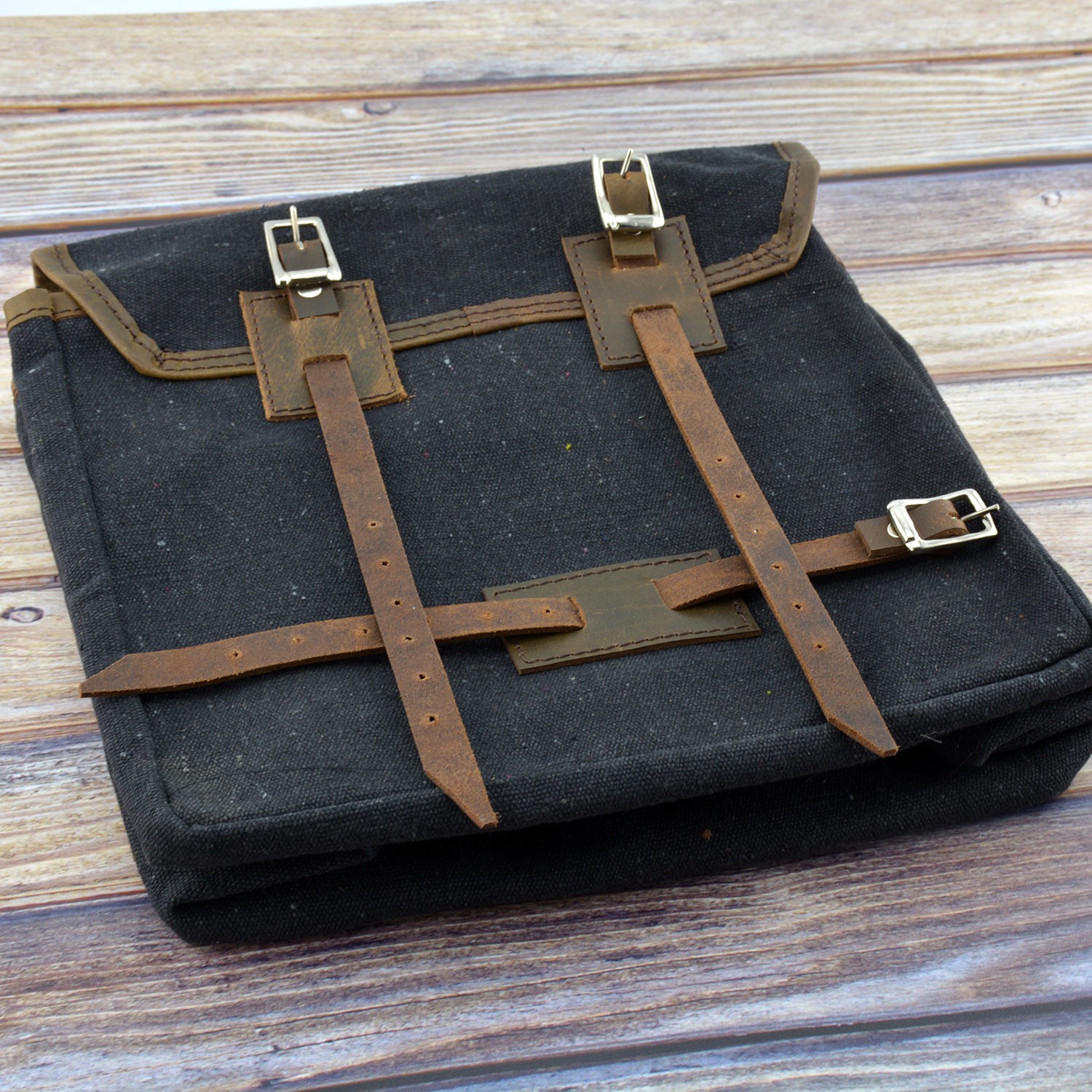 Bicycle Canvas Black Bag Handlebar Handcrafted Waxed Canvas Leather