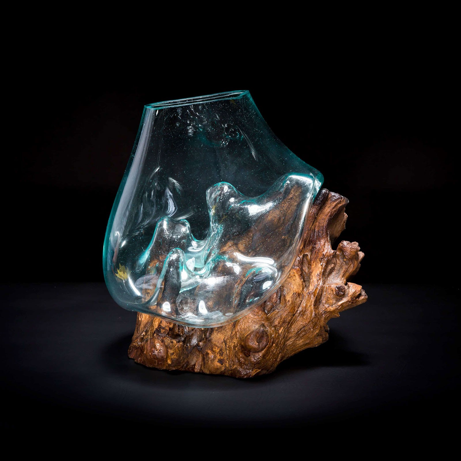 Molten Glass on Teak wood Hand Blown Glass Sculpture Small