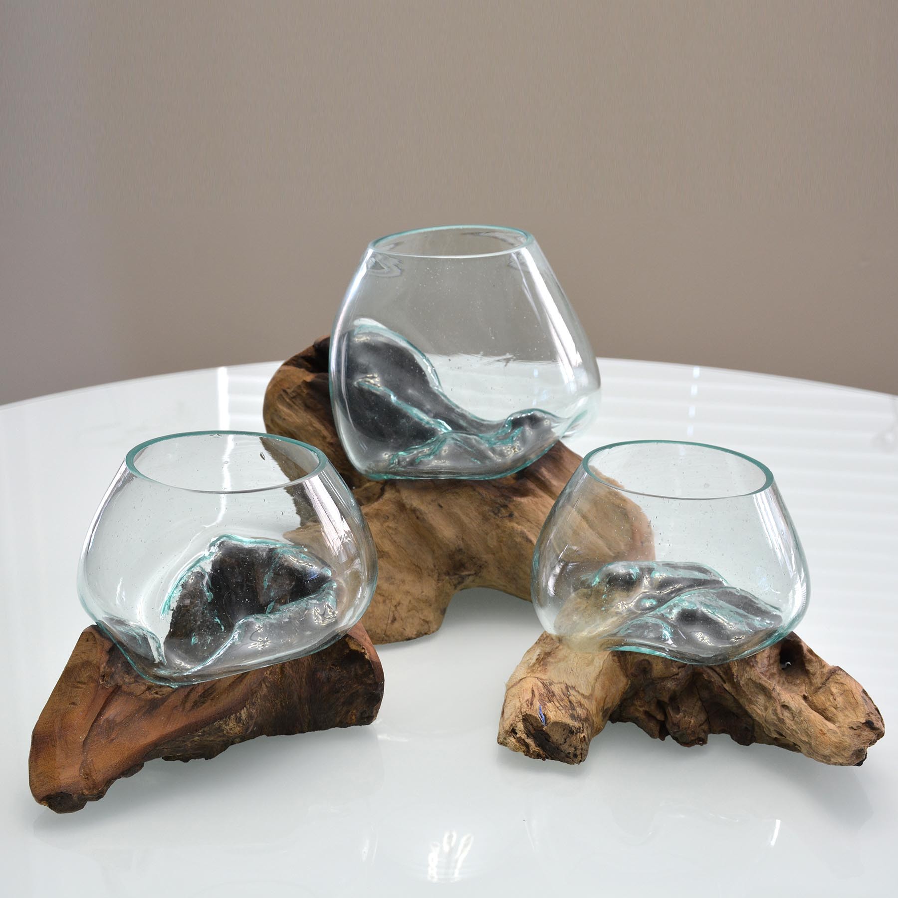 Hand Blown Molten Glass on Teak Driftwood Terrarium / Bowl