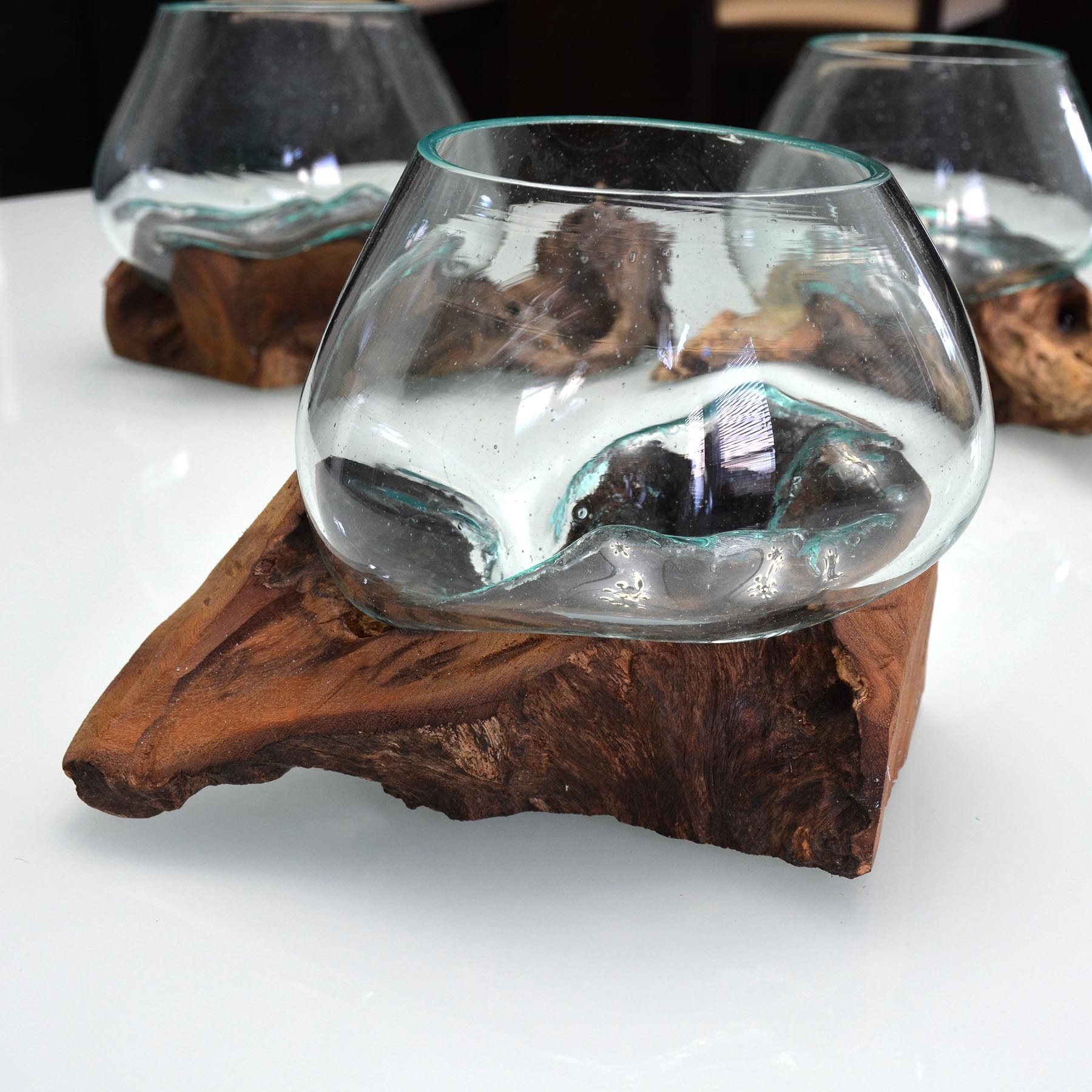 Hand Blown Molten Glass on Teak Driftwood Terrarium / Bowl