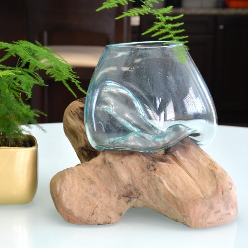 Molten Glass on Teak wood - Hand Blown Glass Sculpture - Small