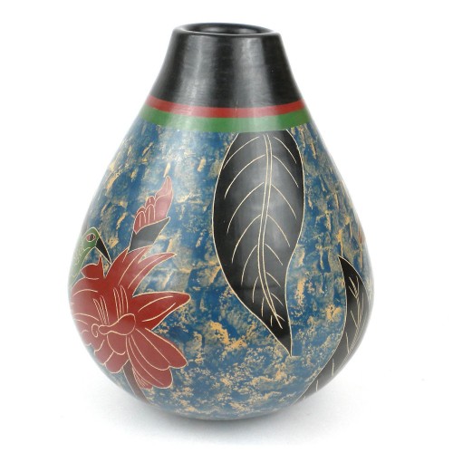Handmade 7-inch Hummingbird on Flower Tall Vase Design