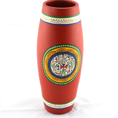Earthen handmade and handpainted terracotta Dholak shape Vase red