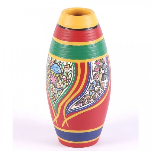 Earthen handmade and handpainted terracotta Vase dholak shape multi colored