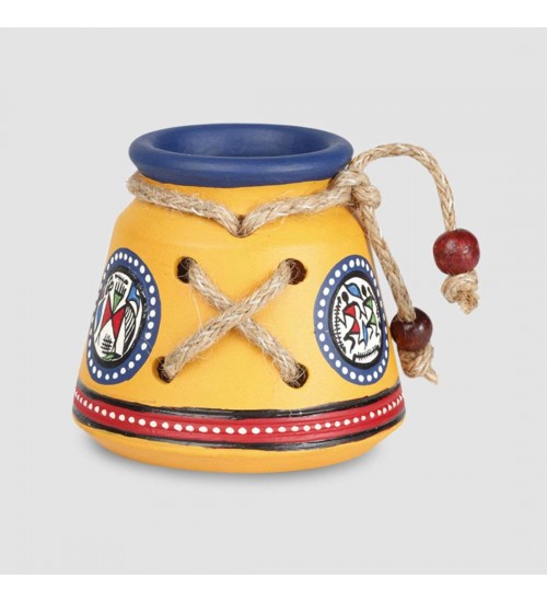 Terracotta Warli Handpainted Pen Stand Knitted Yellow - Pen Pencil Holder, Desk Supply Organizer Office Stationary Holder Showpiece & Gift Item 