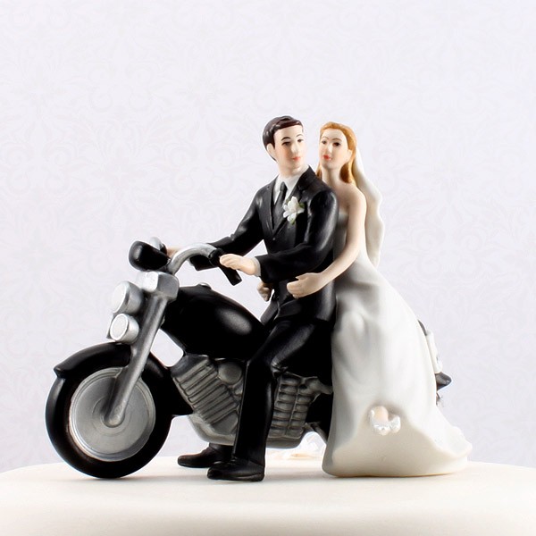 Wedding Cake Topper Hand Painted Porcelain Bride and Groom Riding a Motorbike 