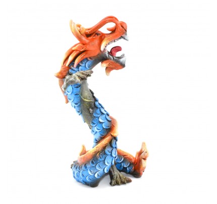 Dragon Sculpture Wooden Carved Coiled Stance Statuette  - Blue