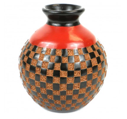 Handmade Decorative Red Black and Tan Vase - CHECKERS RELIEF