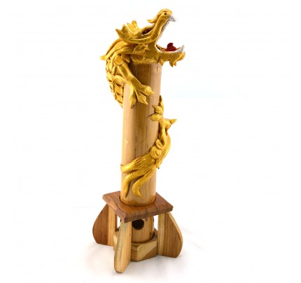 Dragon Sculpture Wooden Carved Coiled Stance Statuette  - Gold