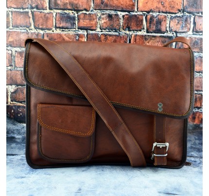 Vintage Messenger Shoulder Briefcase Laptop Bag Leather Men's Genuine Brown Goat 
