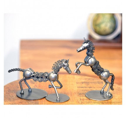 Horse Rearing, Horse Trotting Set - Recycled Metal Sculpture Handmade Art