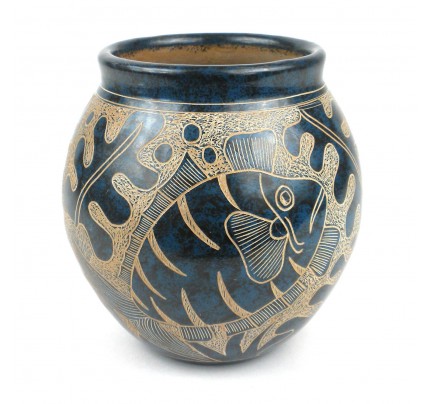 Handmade 5-inch Tall Vase Blue Fish Design