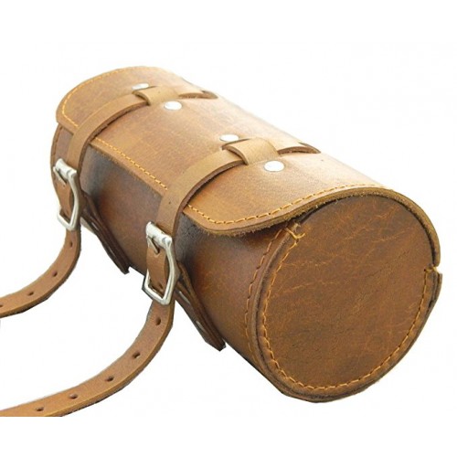 Genuine Leather Bicycle Round Saddle Bag Utility Tool Bag - Tan