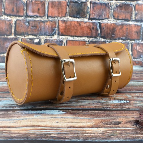 Genuine Leather Bicycle Round Saddle Bag Utility Tool Bag - Tan